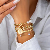 Chic Toggle Clasp Round Disk Pearl Charm Stackable Bracelet Set